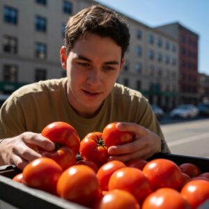 Young man examining fresh tomatoes in a market.